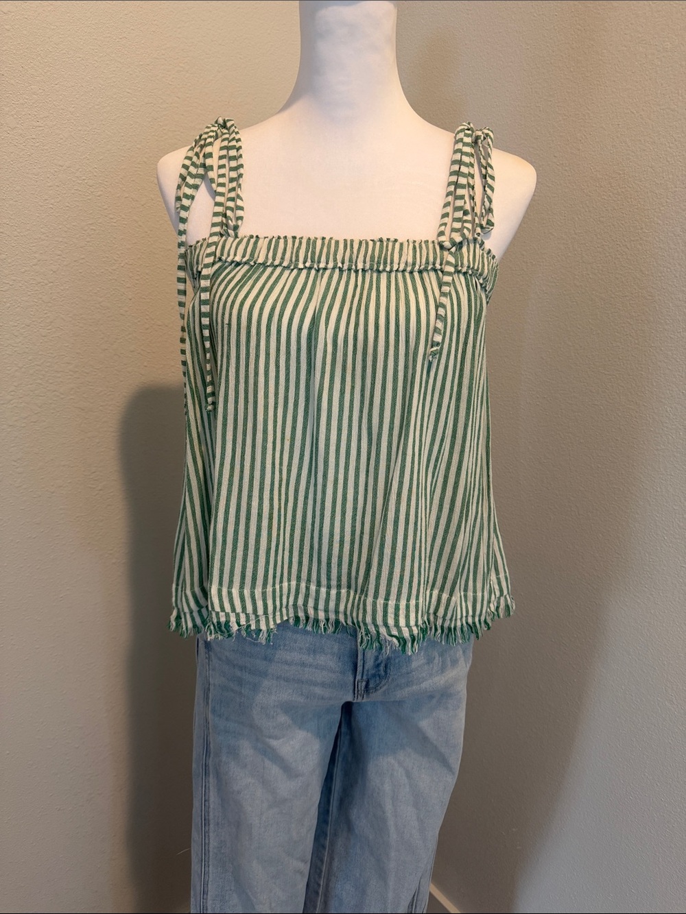 Elan Green and White Striped Tie-Shoulder Camisole